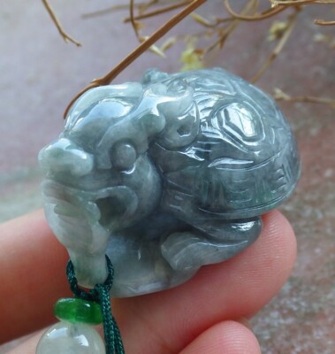 Certified Icy Green Burma Natural A Jade jadeite Pendant Dragon Turtle 龙龟 577530