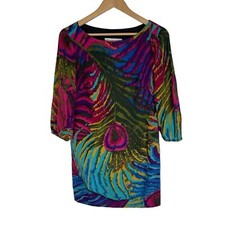 Trina Turk Dress Multi Color Long Sleeve Silk Blend Peacock Abstract Size 0