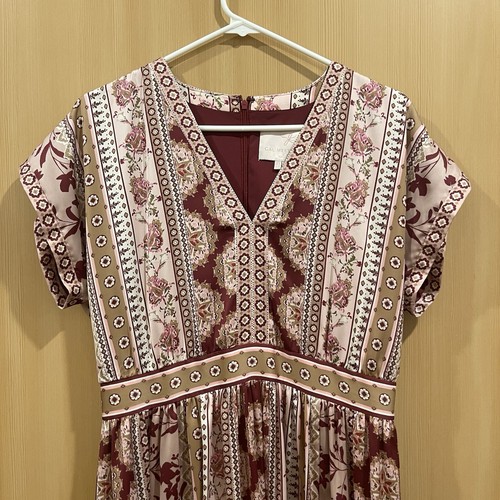 Gal Meets Glam Collection Liza Print Charmeuse Midi Dress Wine Taupe 8 - Picture 4 of 9