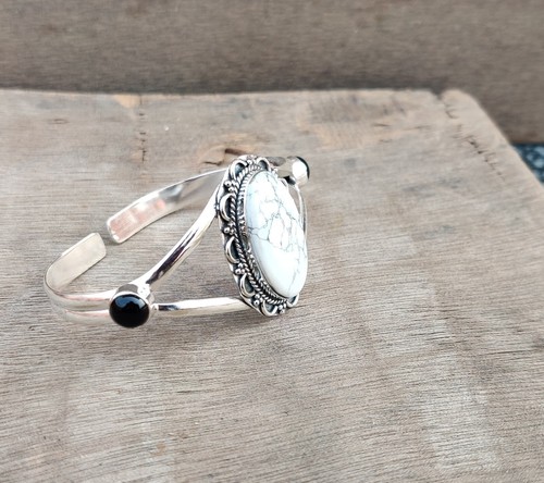 White Buffalo Gemstone Bangle 925 Sterling Silver Statement Wedding Gift Item - Picture 3 of 6