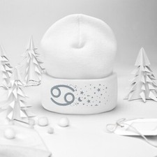 Cancer Crab in the Stars Knit Beanie - Cozy Knit Hat  White