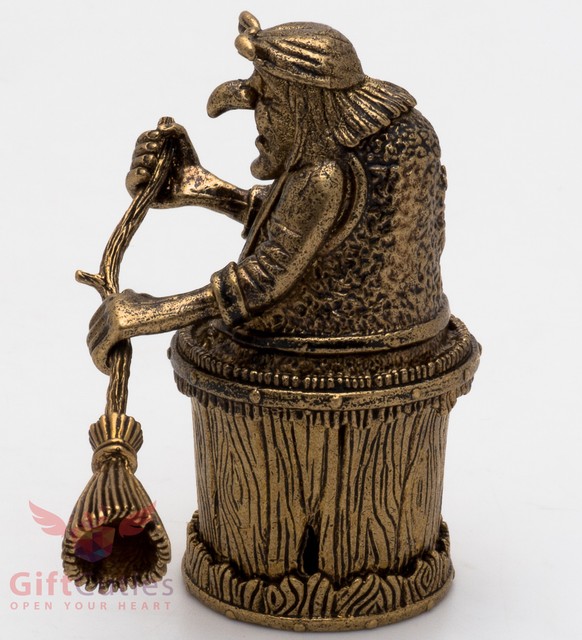 Russian Solid Brass Amber Figurine Baba Yaga in mortar wields a pestle