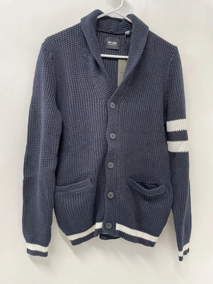 Only Sons Mens M ASOS Onswalder Knit Cardigan Tipped Shawl Collar Sweater Navy