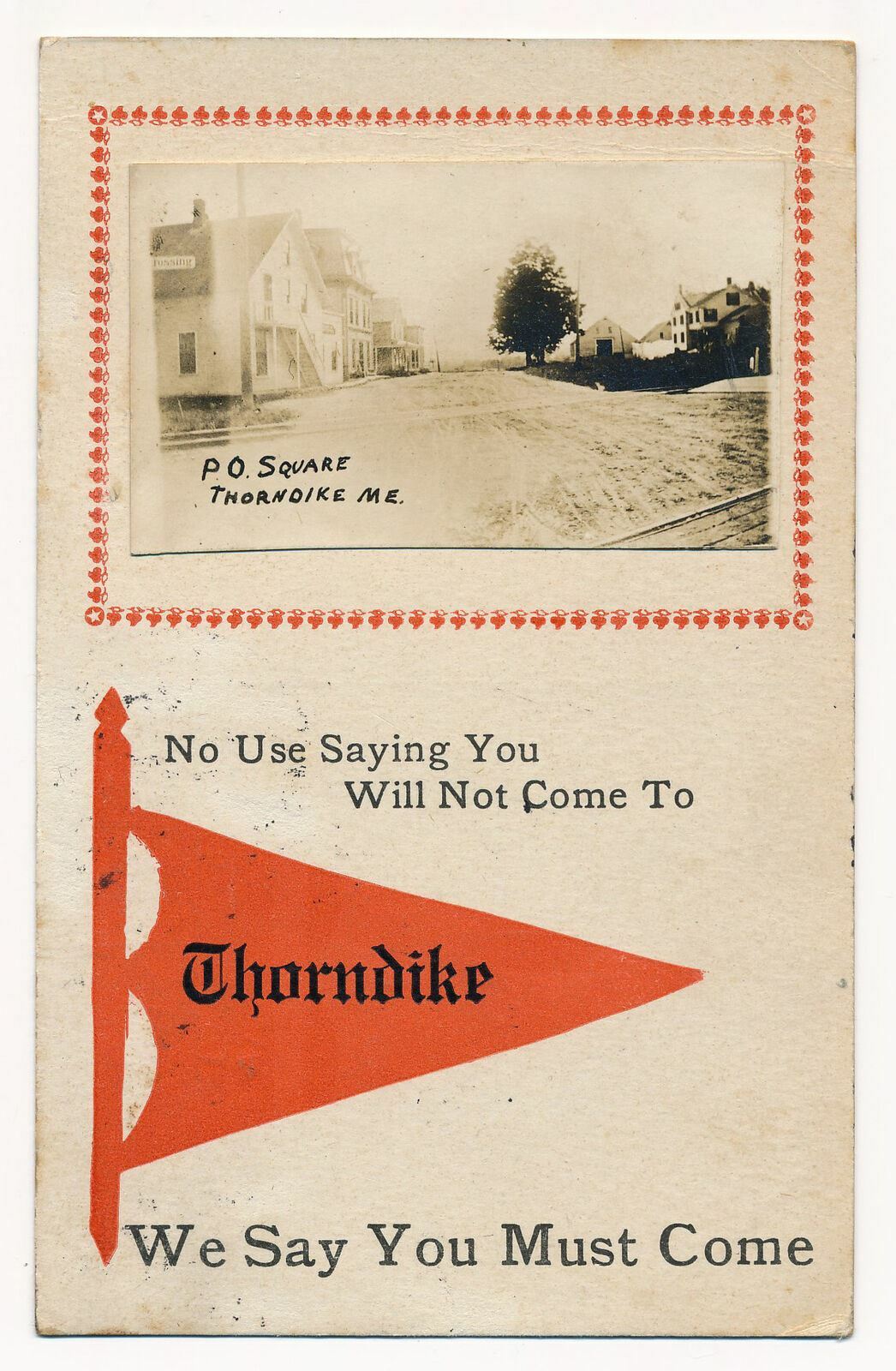 Post Office Square, Thorndike, Maine Vintage RPPC and Pennant