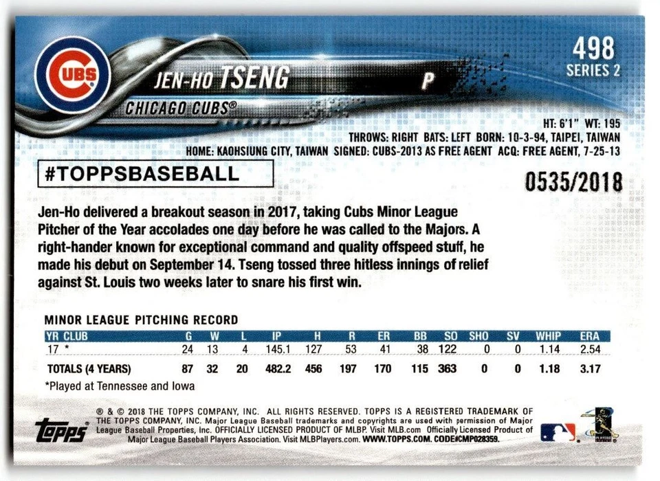 2018 Topps Gold Jen-Ho Tseng Rookie /2018 #498 Chicago Cubs - Image 2 of 2