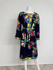 Leonard Paris Cotton Jersey Dress Navy W Multi Floral Print Italy FR48 Fits M/L