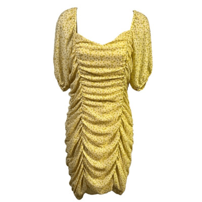 All in Favor Womens Yellow Floral Sasha Ruched Mini Dress Medium NWT