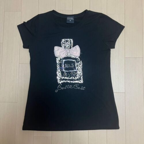 CHANEL cekinowa butelka perfum t-shirt topy damskie czarne bawełna z Japonii oryginalna - Zdjęcie 1 z 7