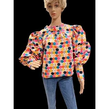 UNBRANDED Custom Made Multicolor Polka Dot Pleated Balloon Sleeve Blouse Sz M