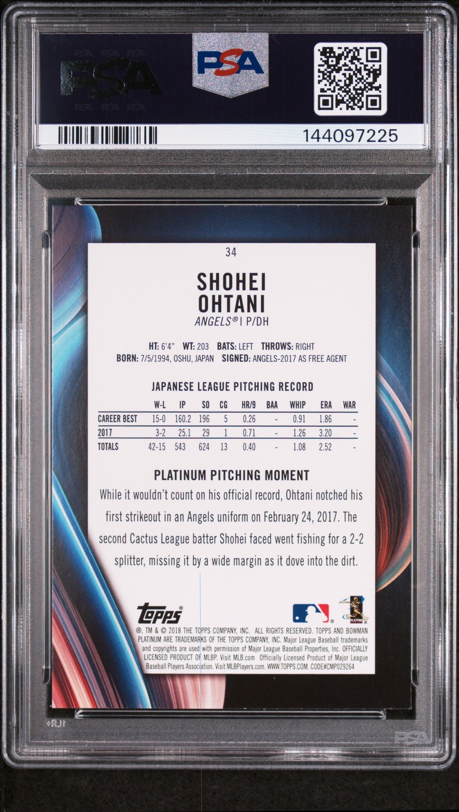 2018 BOWMAN PLATINUM WITH GLOVE #34 SHOHEI OHTANI ROOKIE RC PSA 9 view 2