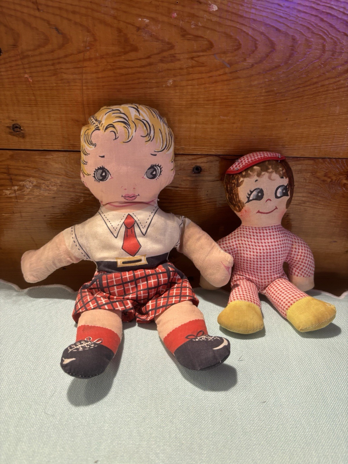 2 Vintage Rag Dolls, Printed Fabric Pattern Doll & Handmade 