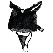 Escante VTG Black Floral Lace Ruffle Lingerie Set Camisole G-String Small NWT
