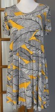 Y2K Loft Shift Sundress Sz S Gray Yellow Leaves Ruched Sleeves Tropical Beach