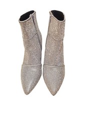 Womens Rhinestone Ankle Boots Pointed Toe Block Heel Zip Up Sparkly Silver
