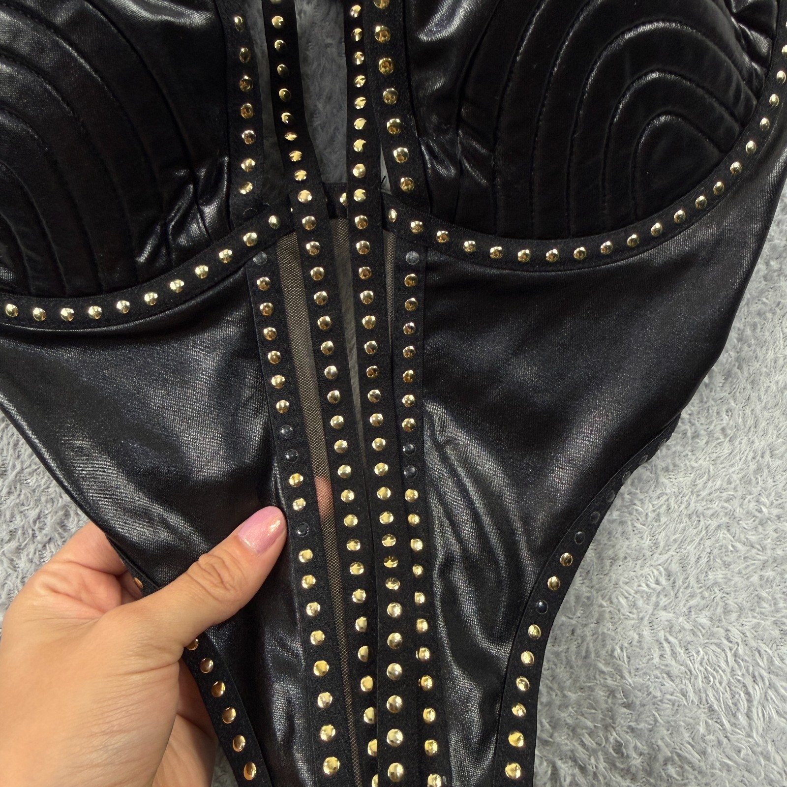 Ann Summers Black Faux Leather Studded Bodysuit Suspender Set Size UK 12-14 image 4