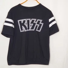Kiss Band Logo Black Jersey Stripe Sleeve Graphic T Shirt Mens XL Rock Concert