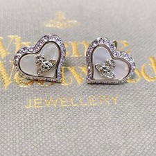 Vivienne Westwood Heart Shape Shell Earrings Rhinestone Orb Accent Near Mint