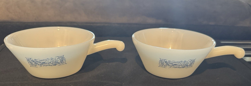 Pair of Vintage Fire King Horse And Buggy Currier & Ives Handled  Soup Dishes