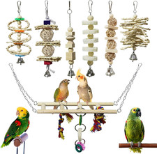7 Pack Bird Parrot Toys - Natural Wood Chewing, Climbing, Hanging  Hammock Toys