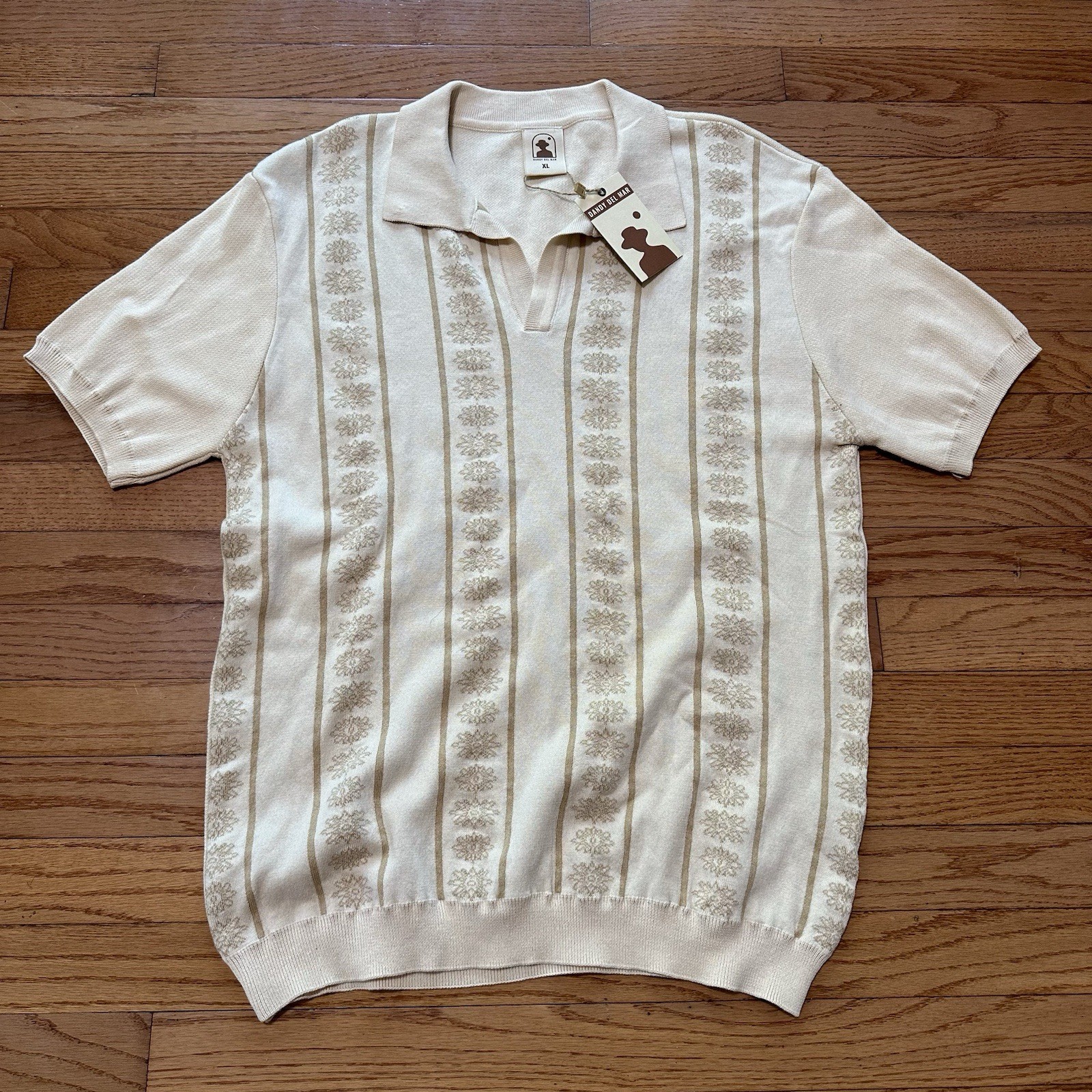 Dandy Del Mar Polo Shirt Mens XL White Cream Floral Crochet Knit Pullover NWT