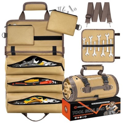Khaki Roll Up Tool Bag Heavy Duty Organizer 2 Detachable Pouches Mechanic