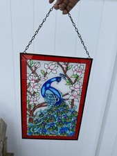 Peacock Tiffany Style Stained Glass Window Panel Hangings with Chain NIB 15x10  