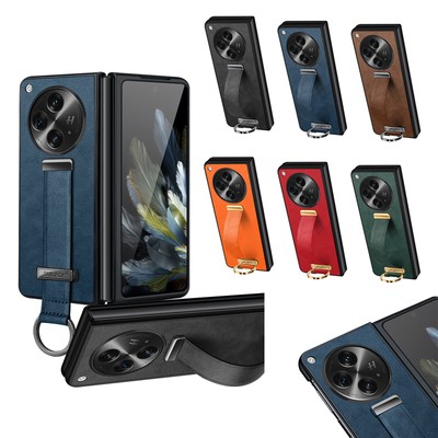 For OnePlus Open Luxury Handel Strap PU Leather Shockproof Stand Case with Ring