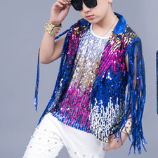 Tassel Boys Waistcoat Vest Tank Tops Blazer Costume Dancewear Glitter Kids
