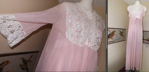 Peignoir 2pc Set Vtg PINK Sheer Chiffon 