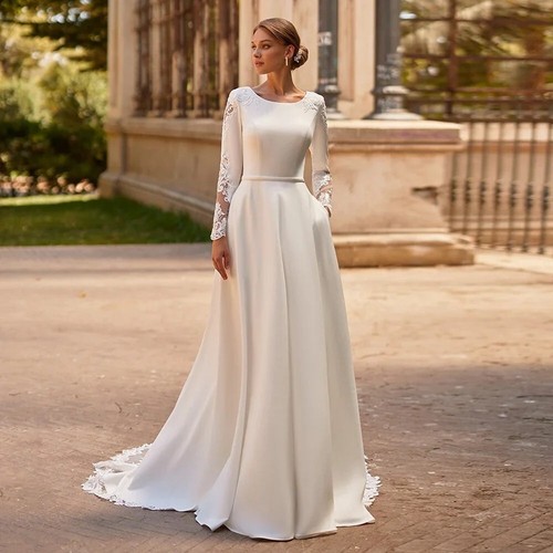 Boat Neck Wedding Dresses Long Sleeves Bridal Gowns Applique Sweep Train A Line - Picture 14 of 14