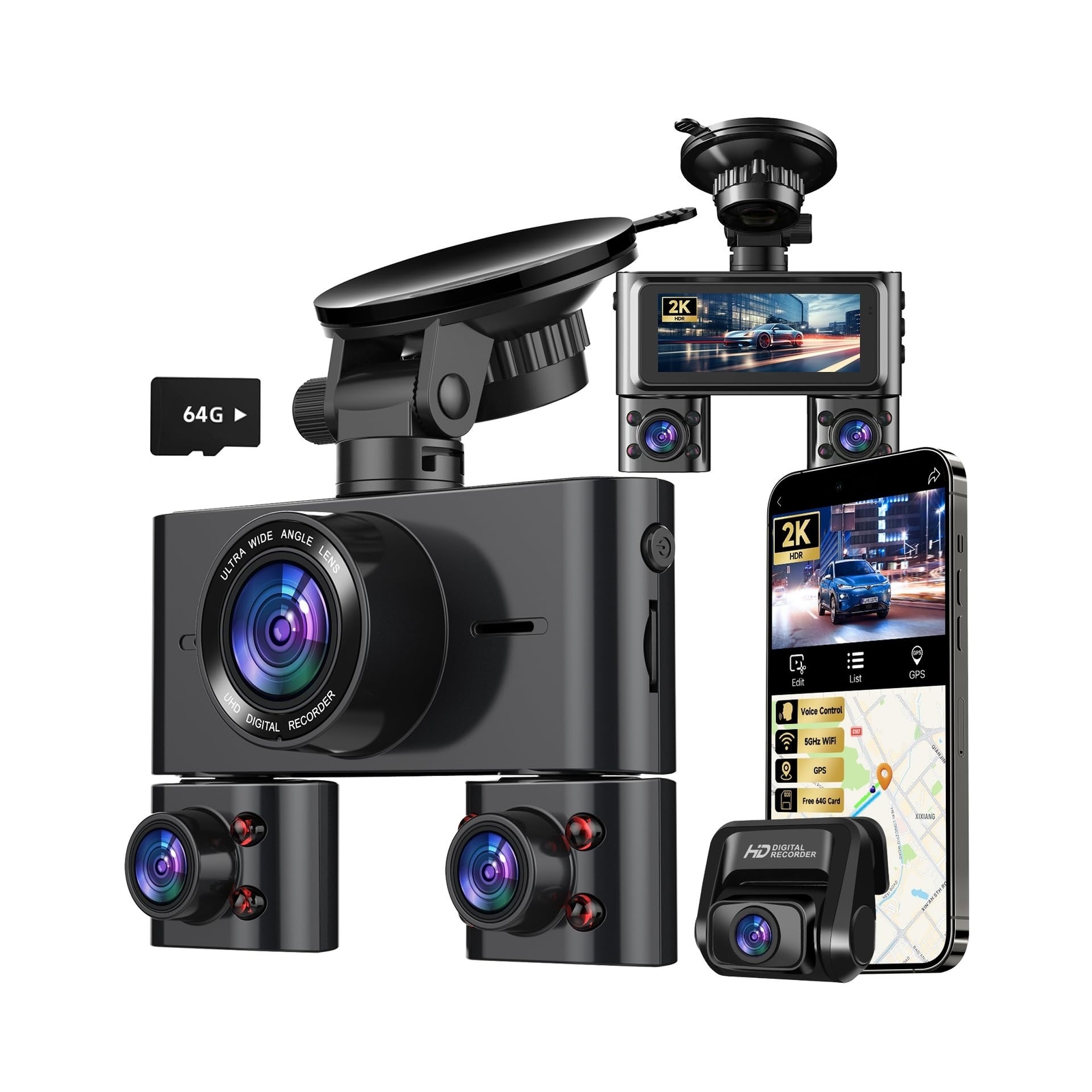 4K Dash Cam 360° with Front, Rear, and Inside Views for All-Around Car Coverage-image