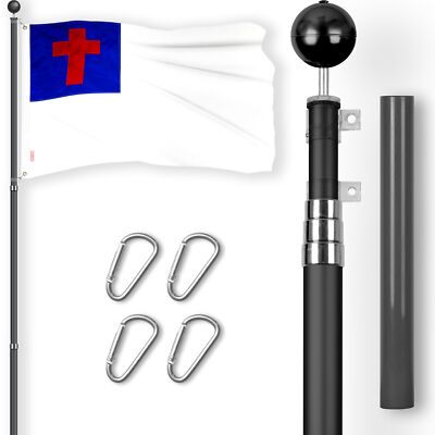 Combo: 16 Ft Telescoping Flagpole Black & Christian Flag 3x5 Ft Emb 300D Poly