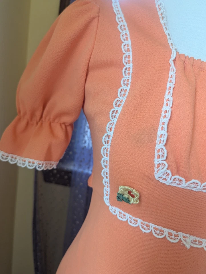 Vintage 70's Orange Polyester Puff Sleeve Lace Maxi Hippie Dress Size XS/S Small Foto 4 de 4