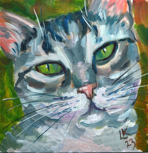 Original Oil Cat Portrait 10x10 – Bold Tabby Face Painting on Canvas Panel Signe