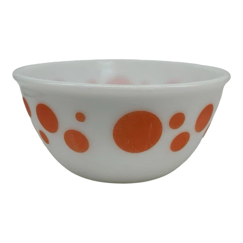 Vintage Hazel Atlas Orange Polka Dots Milk Glass 8” x 4” Mixing Bowl