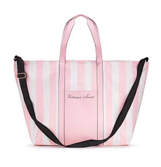 Victoria's Secret Pink White Signature Stripe Logo Patch Weekender Tote