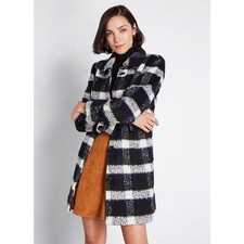 Modcloth Ladylike Lately Wool Blend Fuzzy Soft Plaid Button Front Long Coat 1x