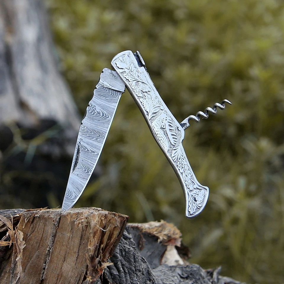 Damasco Hecho a Mano Laguiole Cuchillo Plegable Cuchillo de Bolsillo Camping Caza Cuchillo Pouc Foto 3 de 4