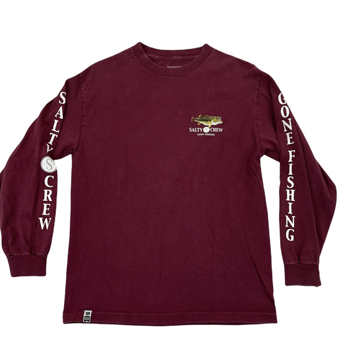 Salty Crew Long Sleeve Pullover Shirt Medium Burgundy Red Mens Gone Fishing