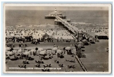 1937 Beach and Pier Terrace Kurhaus Scheveningen Netherlands Photo Postcard