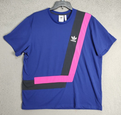 Adidas Shirt Adult 2XL XXL Blue Pink Strip Trefoil Logo Short Sheeve Active Mens
