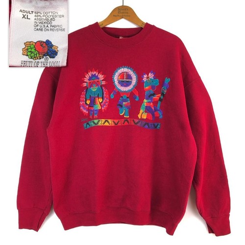 [JKK16]Sweatshirt Wine Red VTG  USA's Native Pattern Art XL Single Stitch Used