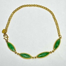 Chinese 24K Yellow Gold Marquise Cabochon Jade 12" Baby Child Necklace 17.2g
