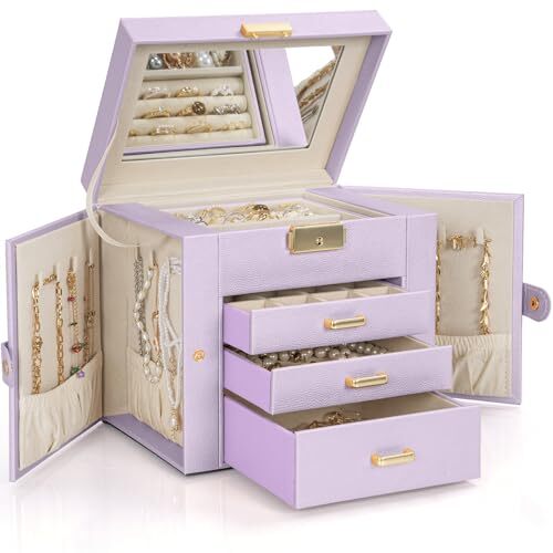 4-Tier Leather Jewelry Organizer Storage Box Purple and Gold Design Regular 4-Layer