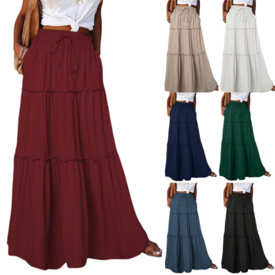 Lady Maxi Skirt High Waist Long Party Skirts Tiered Casual Dress