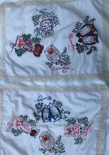 Hand Painted Owl Pair Pillow Cover Tops Only Vintage 70s