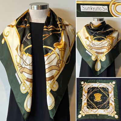 SUNKYUNG SA Green/Gold Military Themed Silk Twill SCARF 86x86cm