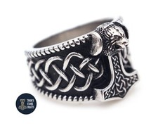 Viking Thor’s Hammer Ring Stainless Steel Bear Head & Knotwork Norse Jewellery