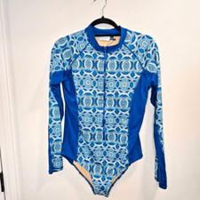 Cabana Life Womens Large Blue Long Raglan Sleeve Rash Guard Swimsuit - One Piece