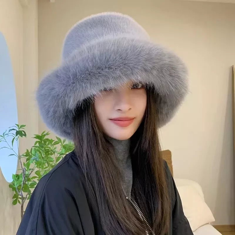 Luxurious Soft Warm Faux Fur Bucket Hat Furry for Women Winter Cozy Solid  Colors